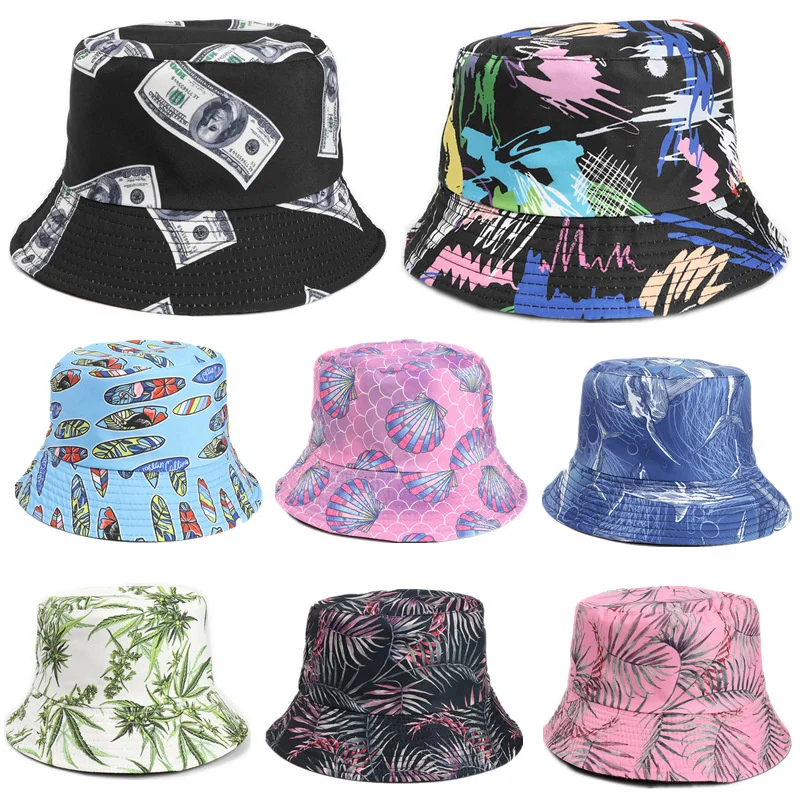 

Summer Outdoor Sun Hat Colorful Printing Fisherman Hat Women Street Bucket Hats Black Unisex Hats Hip Hop