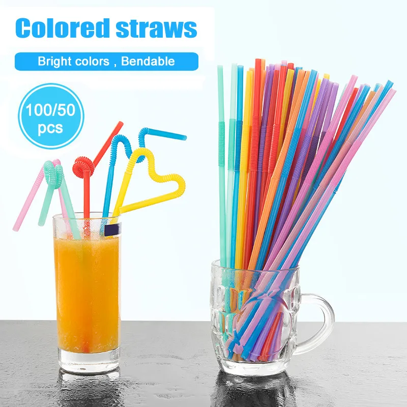 

Disposable Colorful Straws Bendable Juice Drinking Plastic straw Safe Flexible Food grade PP For Home Party Bar 26 cm 50/100pcs