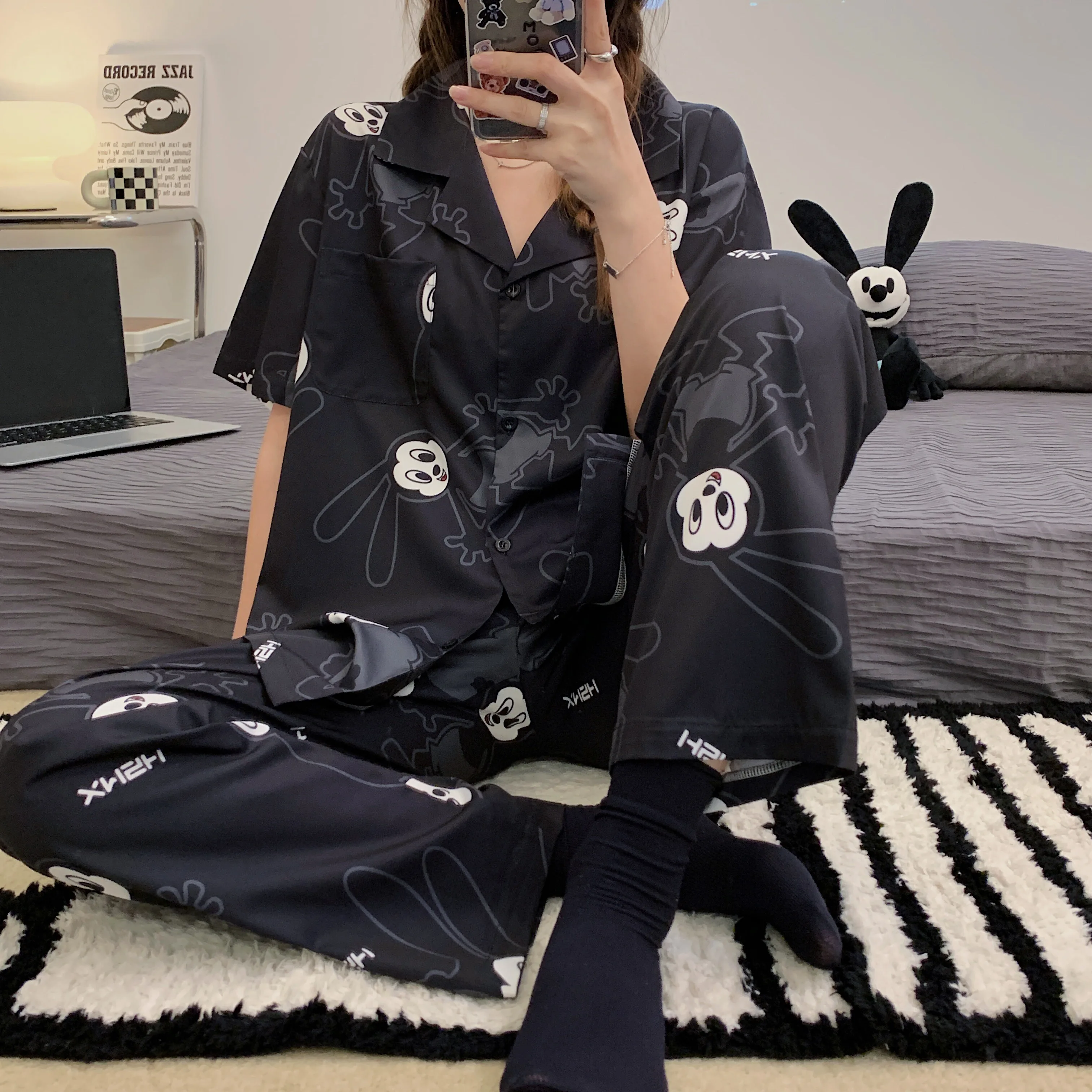 Disney Cartoon Oswald the Lucky Rabbit Satin Pyjamas Women Summer 3 Pieces Set with Shorts Soft Silk Pajamas Set Ladies Outfits