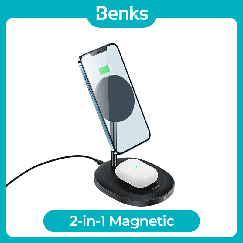 

Benks W08 2 In 1 Desktop Magnetic Wireless Charger For iPhone 13 12 Pro Max Phone Airpods Headset Zinc Alloy Charge Base Stand
