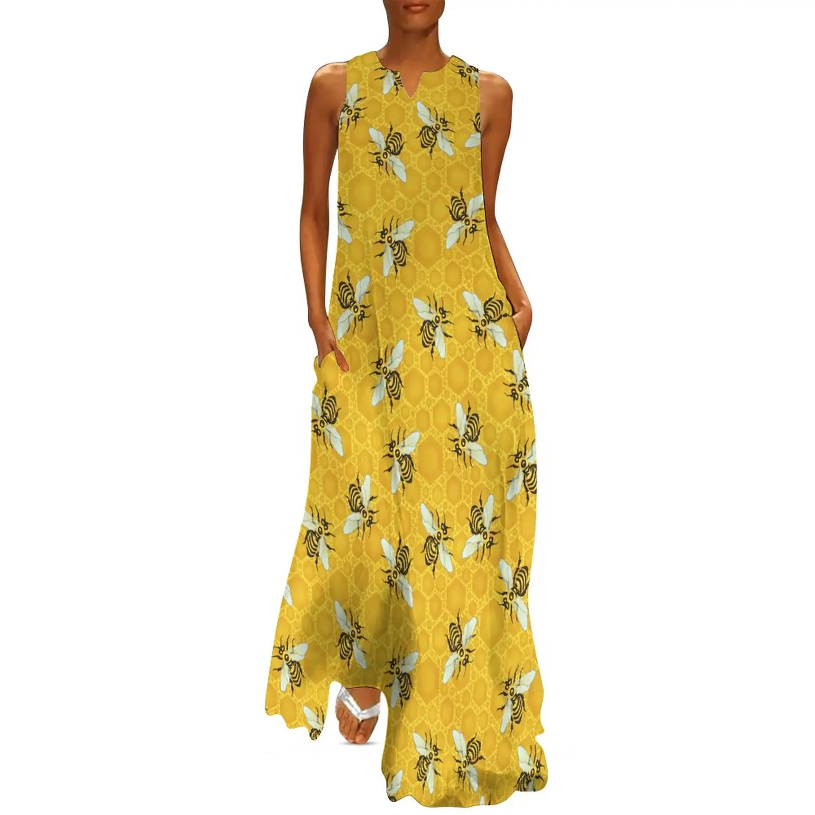 

Bees Honeybees Dress Honeycomb Cute Beehive Kawaii Maxi Dress Street Style Boho Beach Long Dresses Summer V Neck Print Vestidos