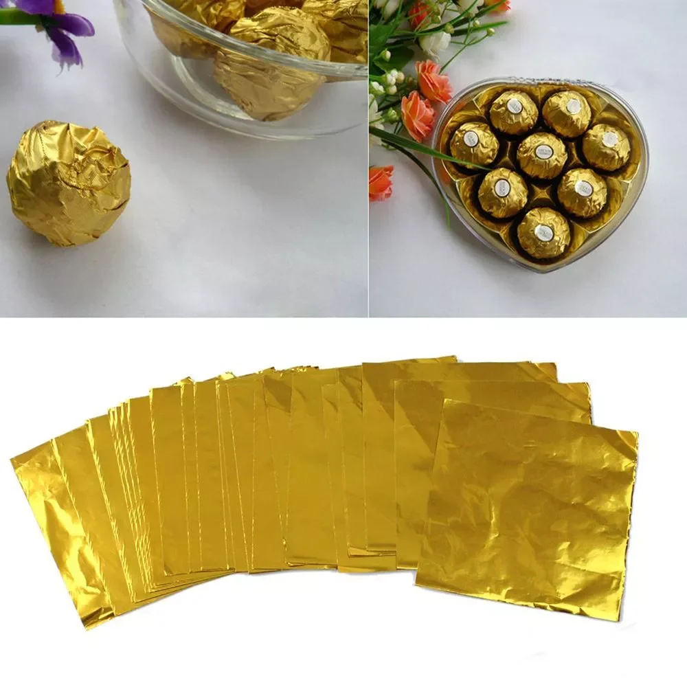 

100pcs 8*8cm Gold Aluminium Foil Candy Chocolate Cookie Wrapping Tin Paper Party DIY Metal Embossing Gift Packaging Craft Paper