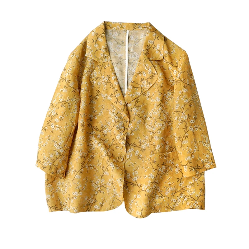 

2022 Ramie Jaket Women Thin Summer Prairie Chic Linen Half Sleeve Single Breasted Turn-down Collar Floral Coat Yellow Blue