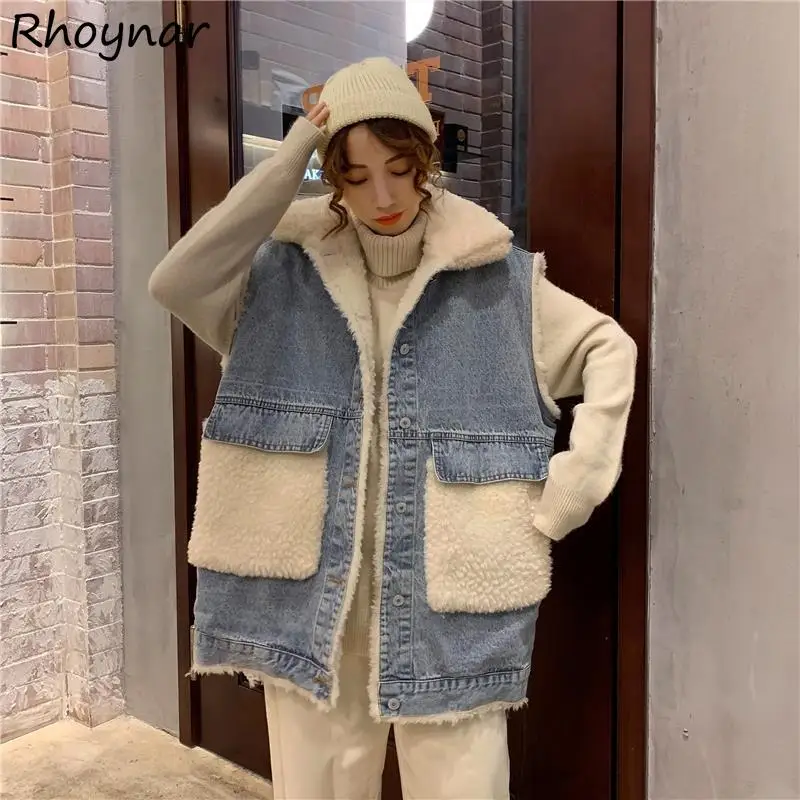 

Denim S-5XL Vests Women Thick Winter Velvet Warm Soft Teens Unisex Preppy Young Retro Kawaii Ulzzang Fashion Mujer Clothes Loose