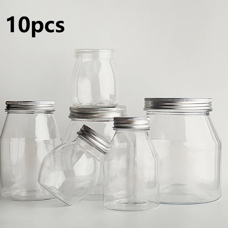 

10pcs Transparent Plastic Storage Bottles WithAluminum Cap Sugar Cereal Storage Container Empty Clear Balm Kitchen Supplies
