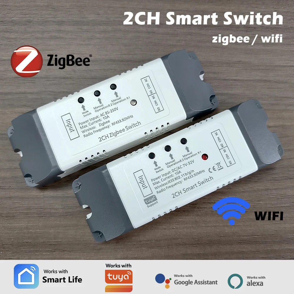 Фото Модуль двухканального реле Zigbee/Wi-Fi (2 реле) 12В/24В/220В, сухой контакт NO/NC/COM, импульсное управление, для освещения и двигателей, совместим с Tuya и Alexa №1