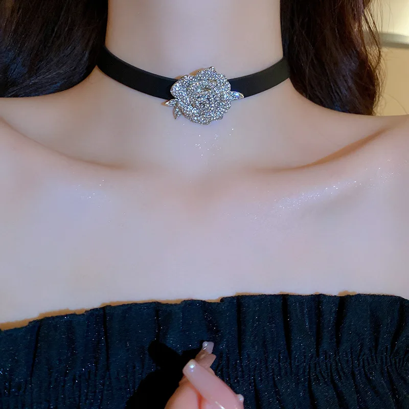 

Ailodo Crystal Big Rose Flower Choker Necklace For Women Black Color Adjustable Leather Chain Party Wedding Necklace Girls Gift