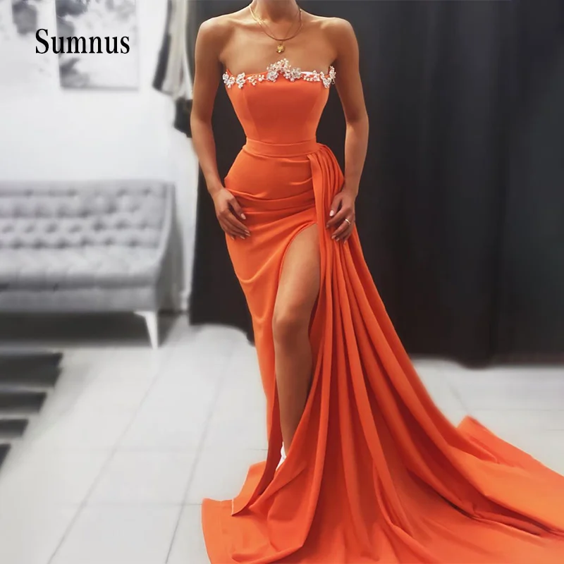 

Elegant Squines Wedding Dress Strapless Sleeveless High Slit Off Shoulder Pleat Long Train Bride Gown Elegant Vestidos de Novia