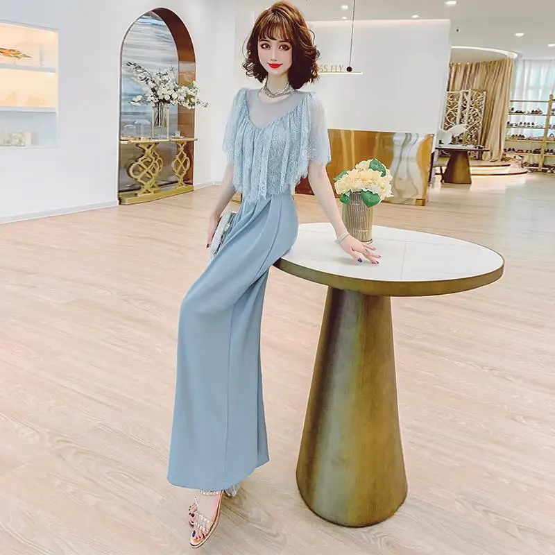 

Women 2022 Summer Fashion 2 Piece Set Female Lace Shirt Trousers Suit Pants Outfits Female Office Elegant Casual Clothes G59