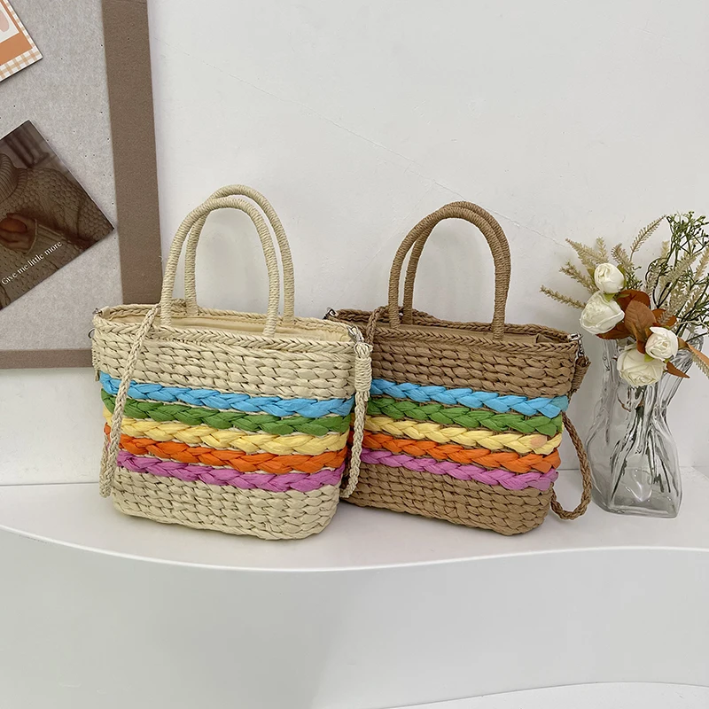 Летняя женская модная пляжная сумка-тоут радужная соломенная плетеная Сумка