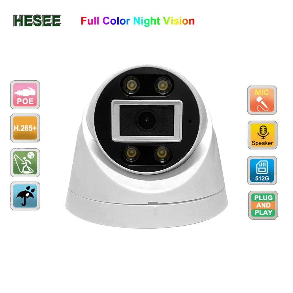

Купольная IP-камера HESEE для системы видеонаблюдения, POE, 5 МП, сетевая камера s, 4 МП, 512 ГБ, карта H.265 + полноцветный ночной звук, защита системы видеонаблюдения