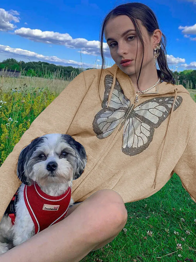 Модные женские худи с рисунком бабочки на молнии уличная одежда в стиле E-girl 90-х