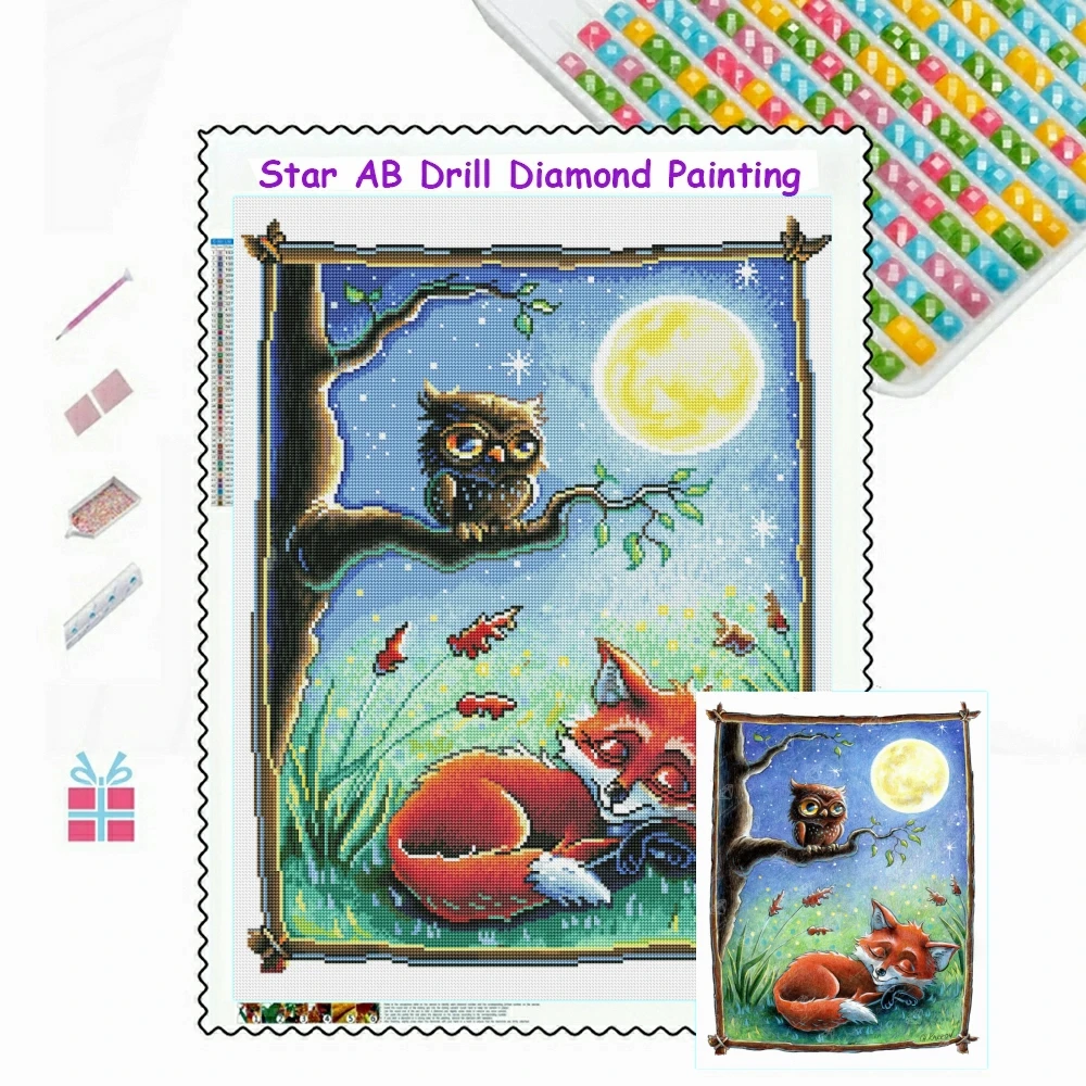 

Fox 5d AB Drills Diamond Painting Animal Owl Bird Tree Moon Picture Art Embroidery Cross Stitch Kits Home Decor Children's Gift