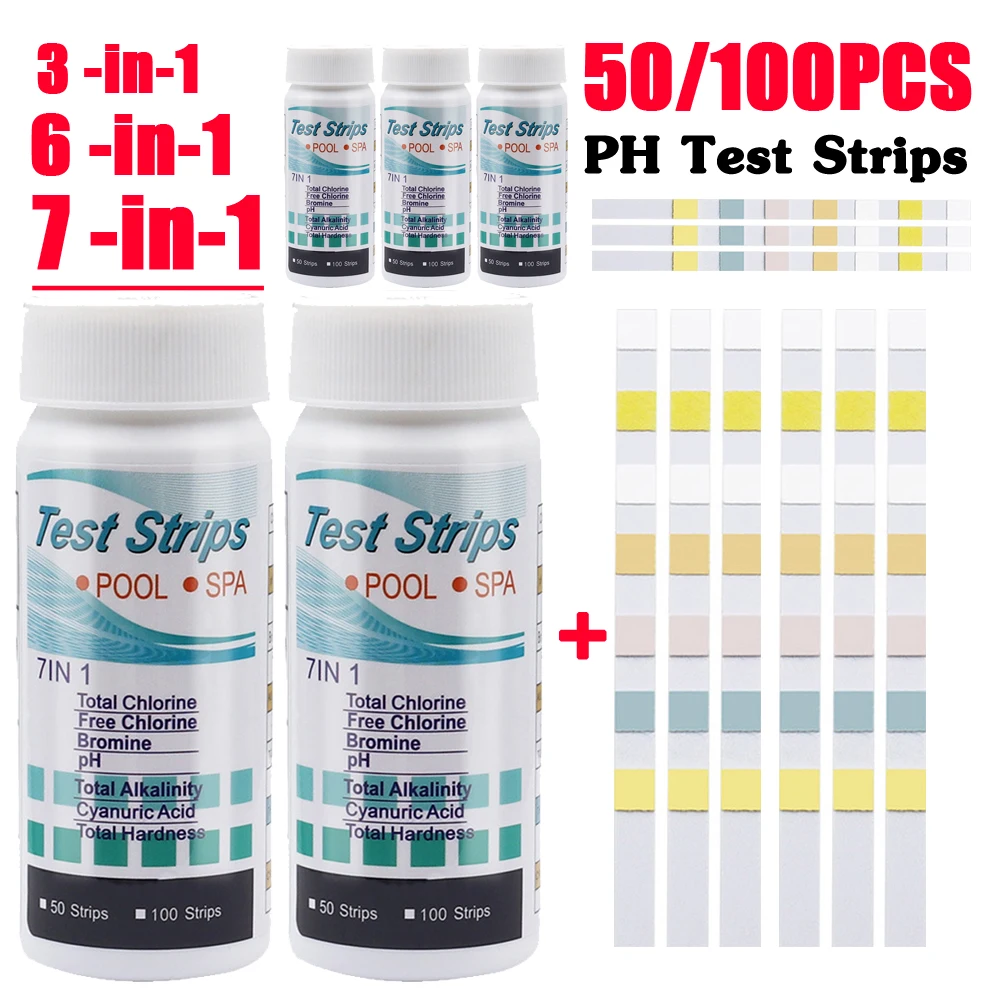

50/100pcs PH Strip Water Quality Test Paper 3/6/7-in-1 Strips Residual Chlorine Value Alkalinity Hardness Test For Swimming Pool
