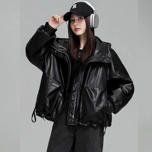 Новинка 2023 хлопковая одежда осень-зима короткое корейское кожаное модное утепленное Свободное пальто Черная кофейная женская одежда