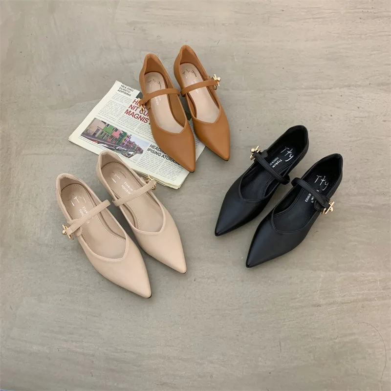 

Casual Woman Shoe Low Heels Female Footwear Pointed Toe Summer Dress Boat New Buckle Strap Solid Basic Rubber Leisure PU Fretwor