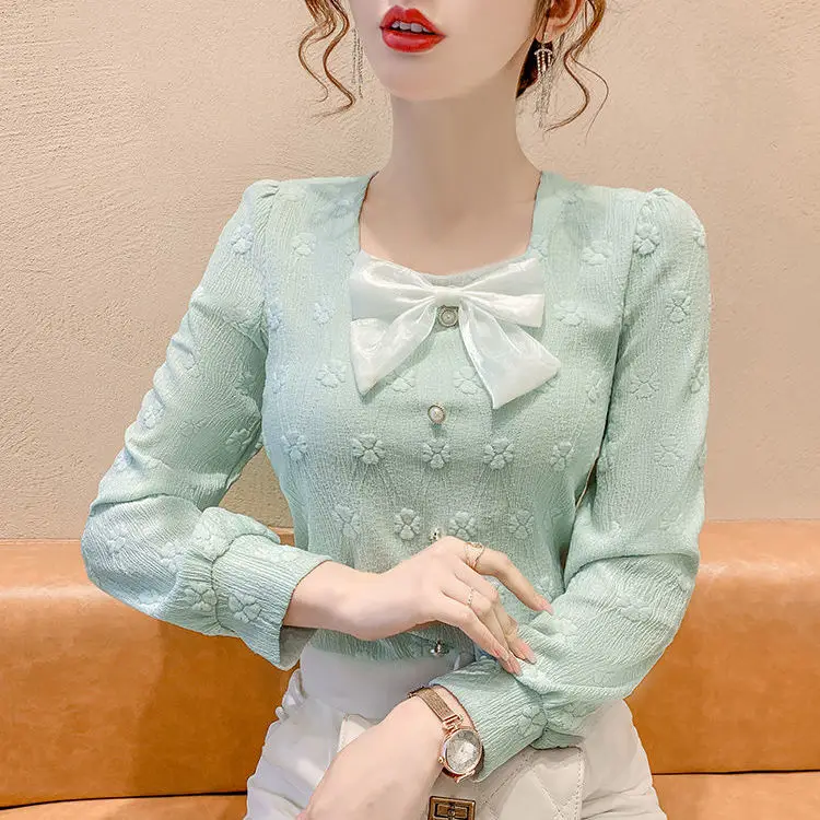 

2022 spring and summer new square-neck bow long-sleeved shirt women's fashion crochet slim shirt tide harajuku Cotton