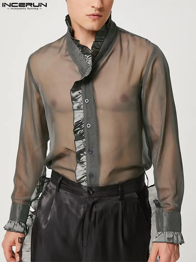 INCERUN Men Shirt Patchwork Lapel Ruffle Long Sleeve Fashion Mesh Transparent Sexy Shirts 2022 Streetwear Party Camisas S-5XL