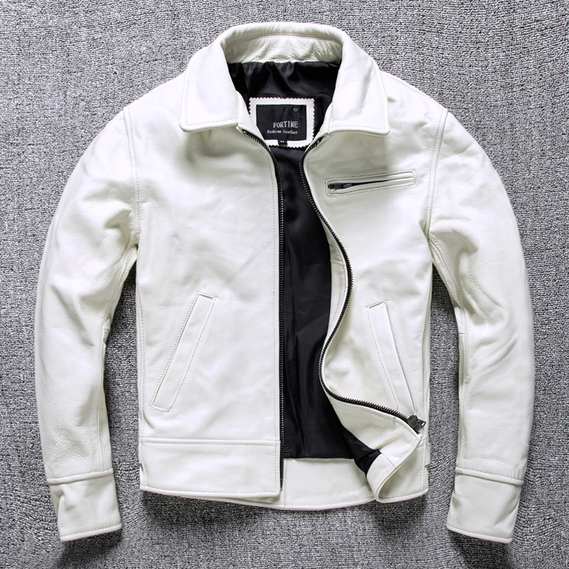 

Мужская повседневная приталенная куртка, белая байкерская куртка из натуральной воловьей кожи в винтажном стиле с ласточкиным хвостом, осень