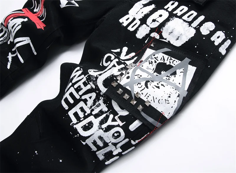 Men's Colorful Graffiti Printed Jeans Y2K Colorful Slim Fit Tapered Elastic Casual Pants Fashion Street Clothing Small Foot Pant