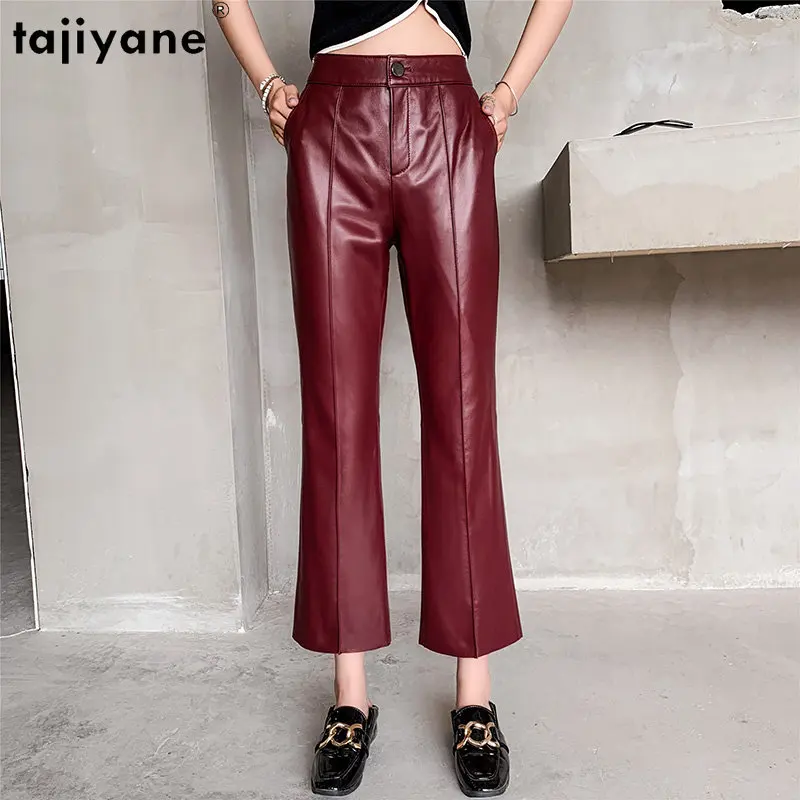 Tajiyane Genuine Leather Pants for Women Skinny Flared Pants Korean Style Women Sheepskin Trousers Streetwear Pantalon Femmes