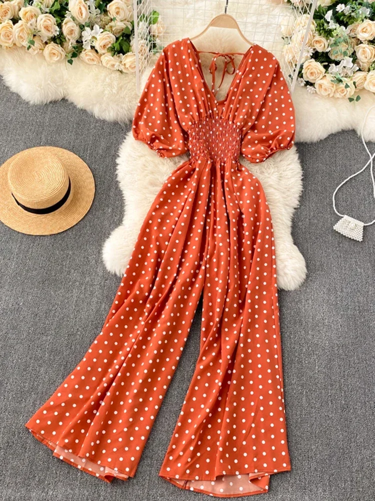 Летний женский цельный комбинезон корейский ретро с v-образным вырезом в горошек