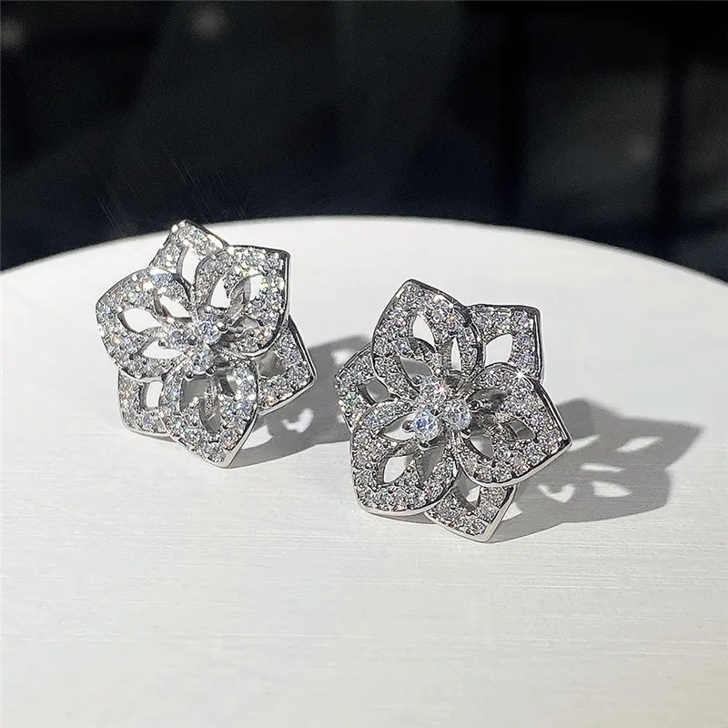 

Flower Stud Earring AAAAA Zircon White Gold Filled Jewelry Engagement Wedding Earrings for Women Bridal Birthday Party Bijou