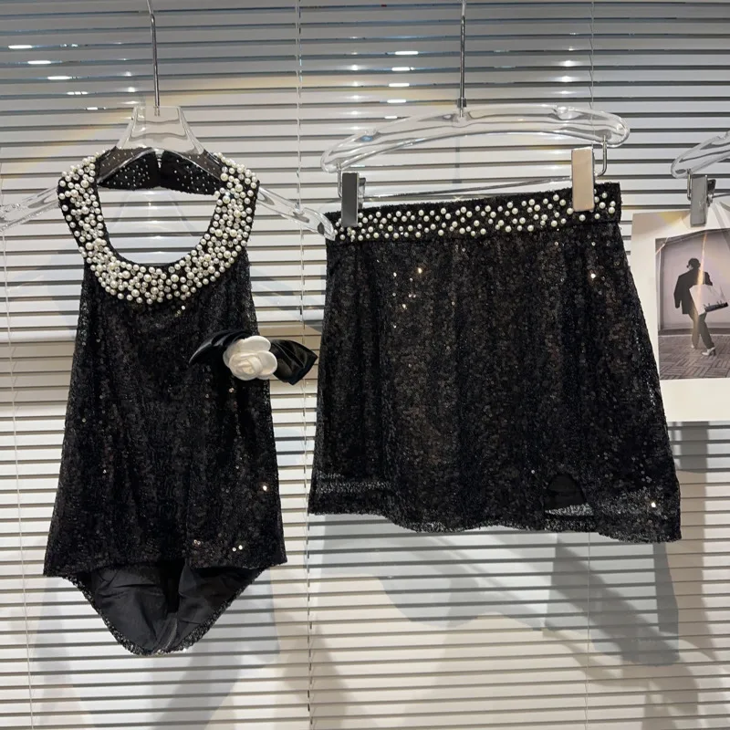

BORVEMAYS 2023 Summer New Beading Sequins Sleeve 3D Flower Backless Sexy Tank Tops + Thin Mesh Skirts Two-piece Sets WZ3554