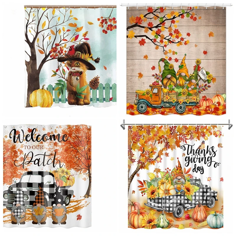 

Thanksgiving Kitty Cat Fall Pumpkin Gnome Plaid Truck Autumn Harvest Shower Curtains For Bathroom Maple Leaf Sunflower Bath Deco