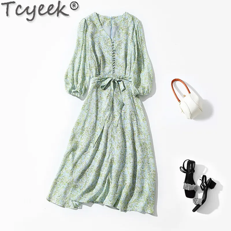 Tcyeek Women's Elegant Dress 2023 Spring Summer Womens Clothing 100% Mulberry Silk Dresses New Print Midi Dress Vestido Feminino