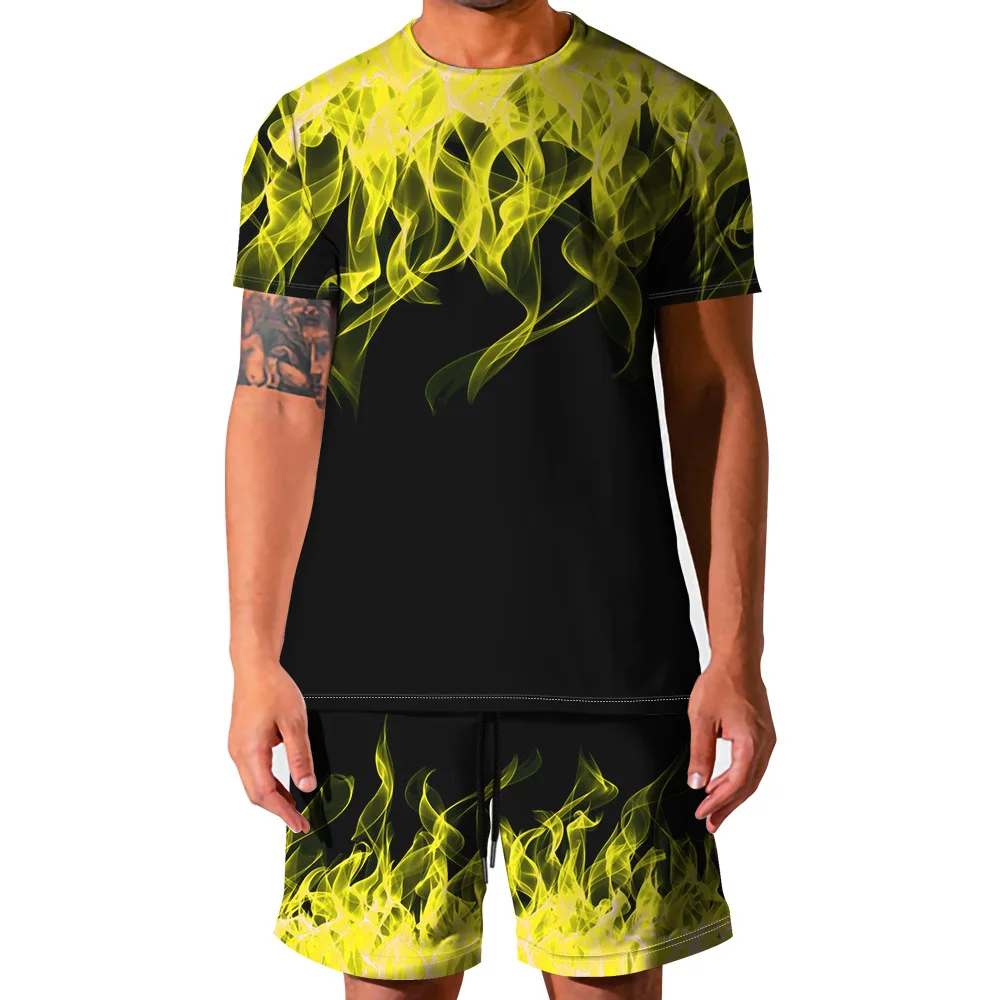 

2022 Mens Sets 2 Piece Tracksuit Flame Print Short Sleeve T-shirt Suit Casual Oversized Tops And Shorts Breathable Sportswear