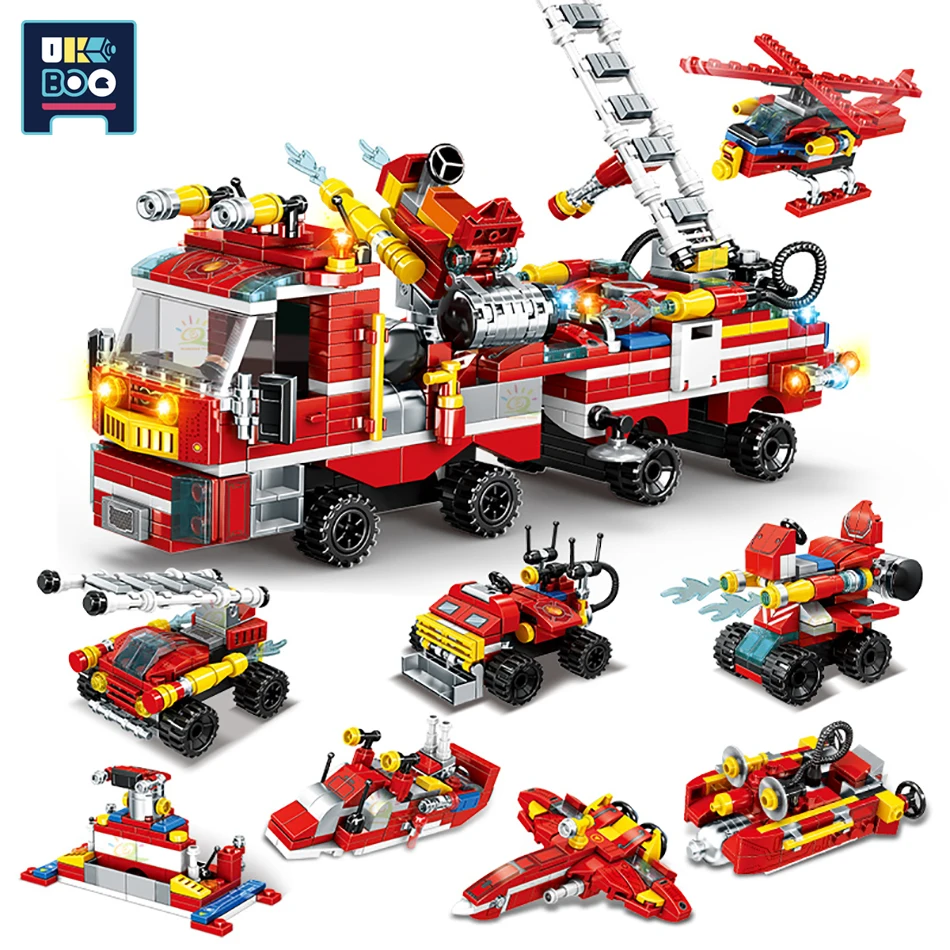 

UKBOO 906PCS 8in1 City Fire Truck Building Blocks DIY Firefighting Set Fireman Figures Model Bricks Toys for Children Boys Gift