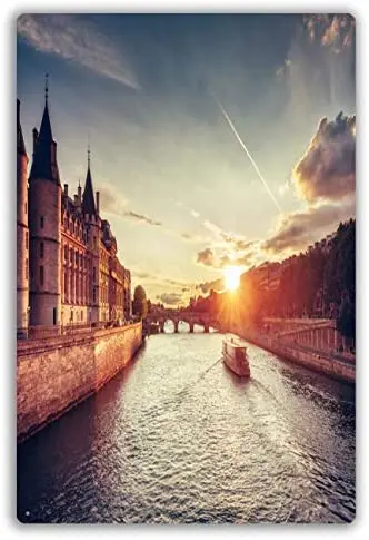 

Vintage Retro Metal Wall Decor Dramatic Sunset Over River Seine In Paris France With Conciergerie And