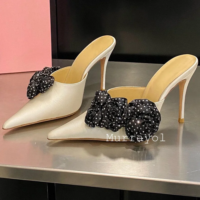 Новые атласные тапочки на тонком высоком каблуке с острым носком женские