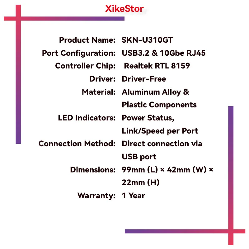 Фото Сетевая карта XikeStor 10 Гбит/с USB, адаптер USB 3.2 на RJ45 с чипом RTL8159, внешний сетевой адаптер 10 Гбит/с для ноутбуков, настольных ПК, планшетов №2