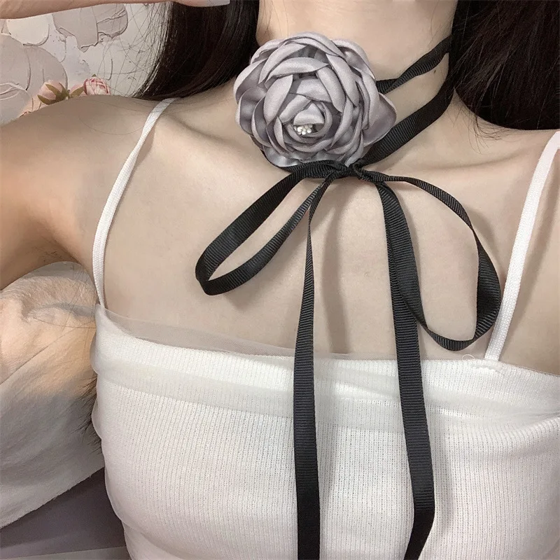 

Romantic Camellia Choker Necklace Women Elegant Bowknot Adjustable Size Party Wedding Clavicle Chain Fashion Girls Gift Jewelry