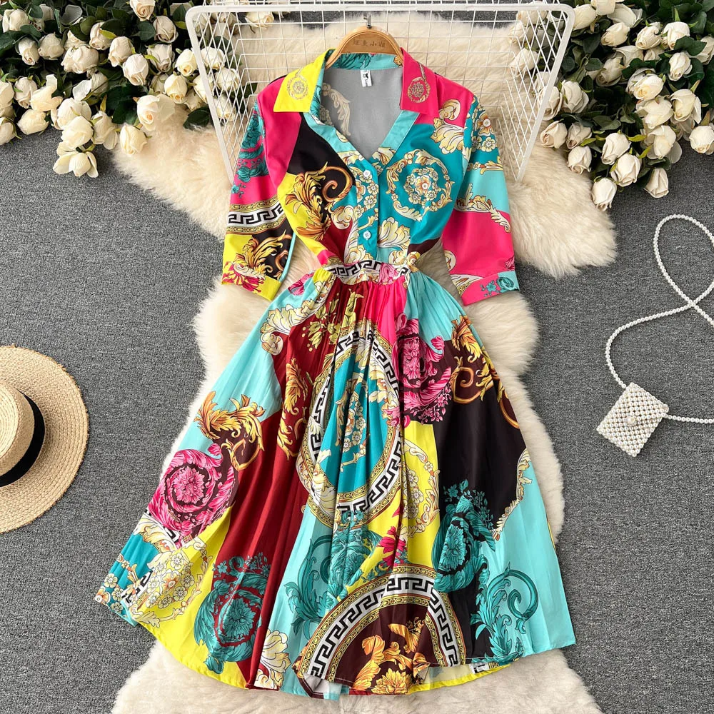 

New retro printed lapel V-neck waist pleated over knee skirt mid length dress
