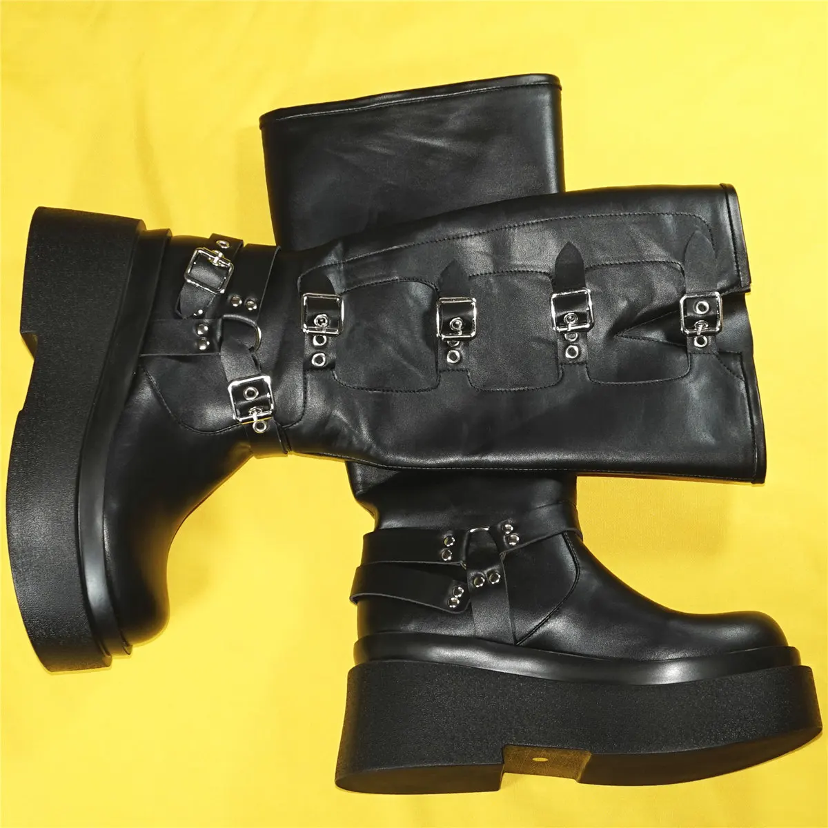 Black Chunky Platform Pumps Shoes Women Pull On Wedges High Heel Knee High Boots Female Round Toe Fashion Sneakers Casual Shoes