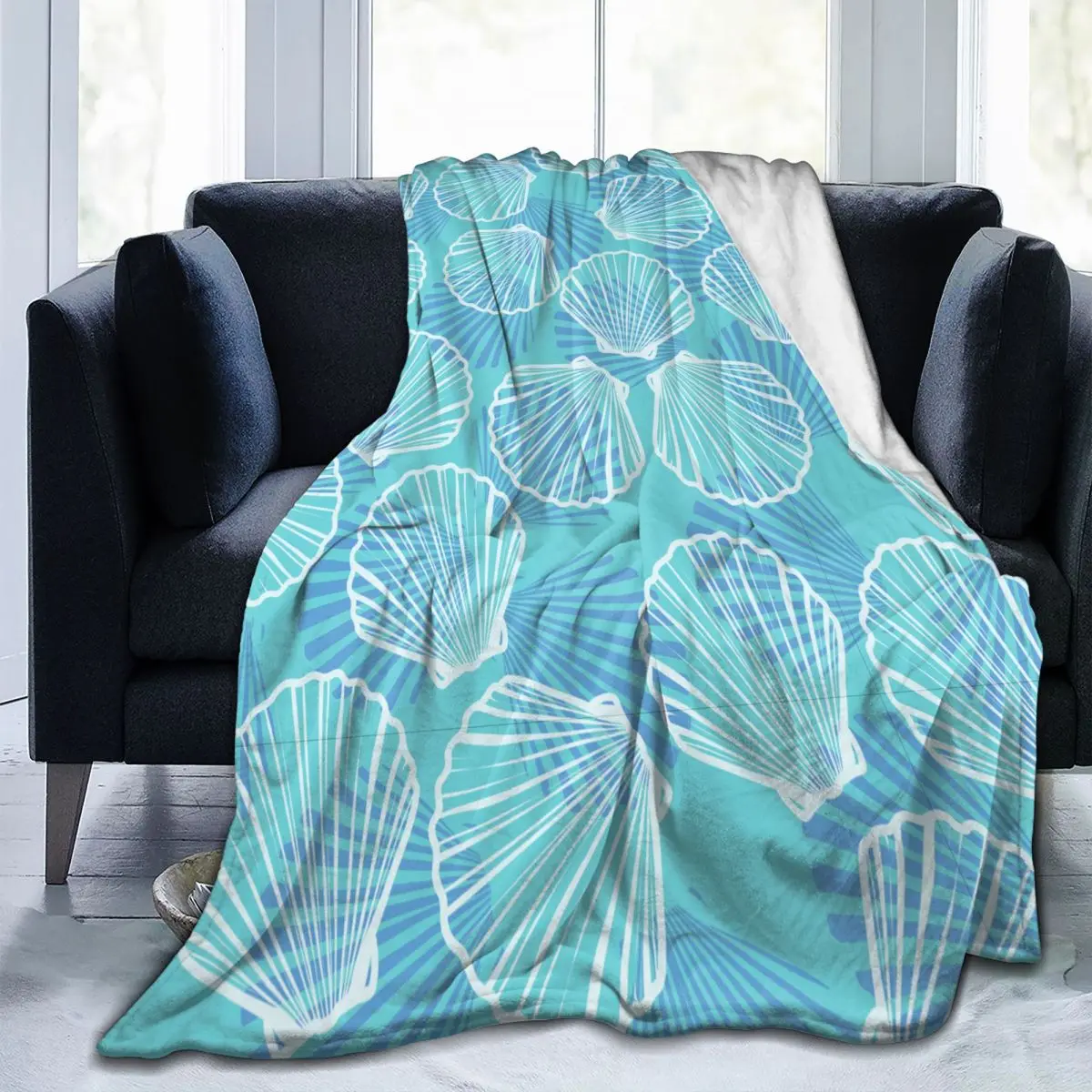 

Seashells Pattern Marine Knitted Blankets Flannel Shells Starfish Ocean Beach Warm Throw Blankets for Home Couch Bedroom Quilt