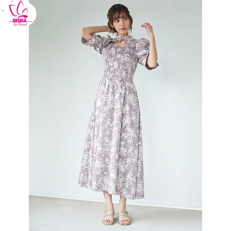 

SUSOLA Stand Collar Lace Up Hollow Out Half Flare Sleeve Vestidos Elasticity Empire Printed Slim Dress Japanese Gentle Robes