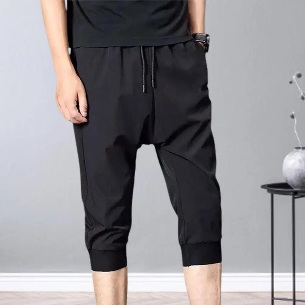 

Great Cropped Trousers Mid Waist Summer Sweatpants Young Style Deep Crotch Men Cropped Pants Anti-pilling