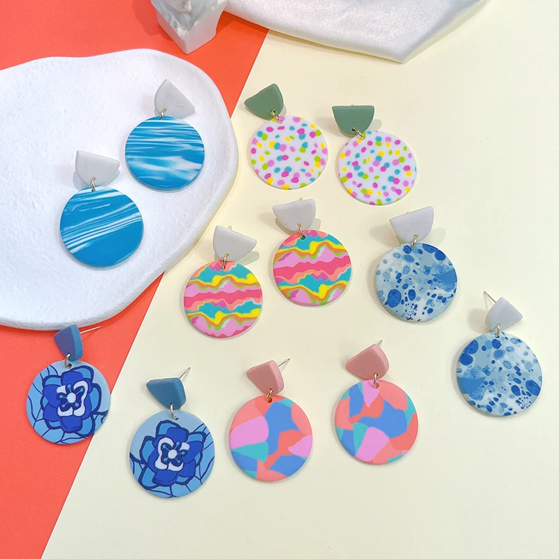 

Unique Colorful Abstract Pattern Polymer Clay Earrings for Women aretes de mujer modernos 2022 Handmade Round Pendant Earrings