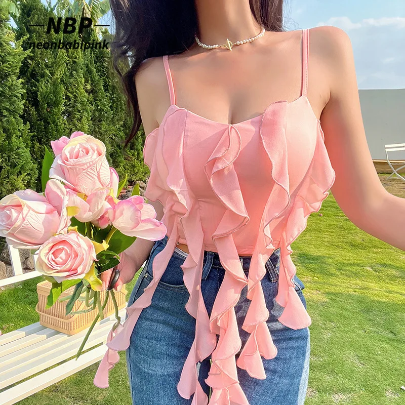 

NEONBABIPINK Cute Sexy Irregular Ruffled Crop Top Y2k Fairycore Summer Clothes for Women Pink Purple Tanks Camis N66-CC13