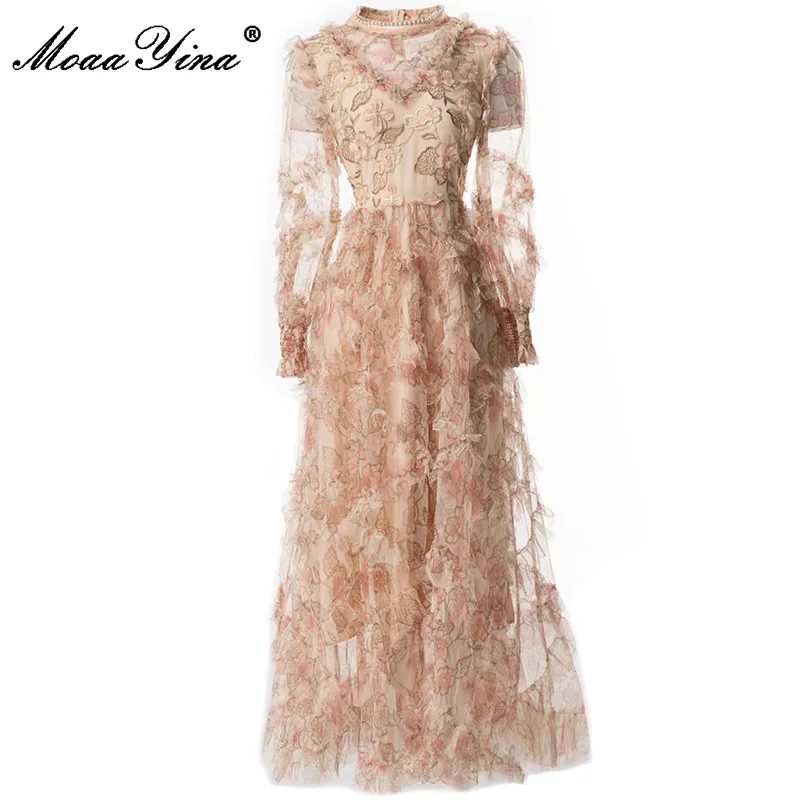 MoaaYina Fashion Runway dress Summer Women's Dress Lantern Sleeve Beading Mesh Flower Embroidery Vintage Party Dresses