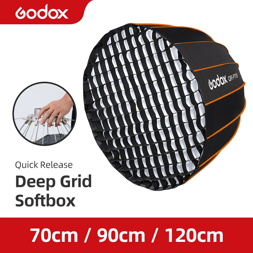 

Godox QR-P70 70 см QR-P90 90 см QR-P120 12 см быстросъемный параболический глубокий софтбокс + сотовая сетка для студийной вспышки Bowens Mount