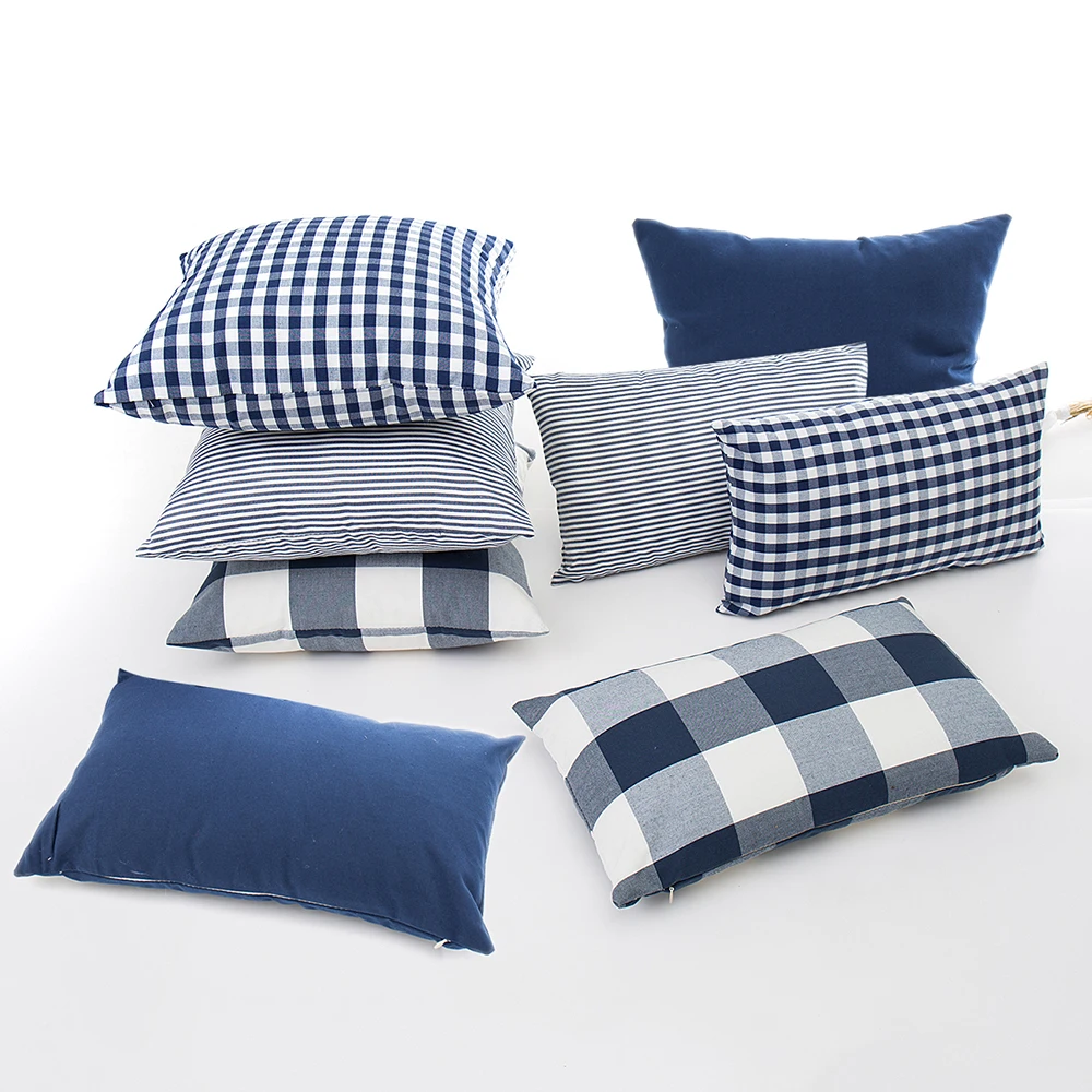 

30X50/45X45cm Blue Yarn Dyed Cotton Linen Tasselled Cushion Cover Hot Plaid Stripes Geometry Pillowcase Decorativos Para Sofa