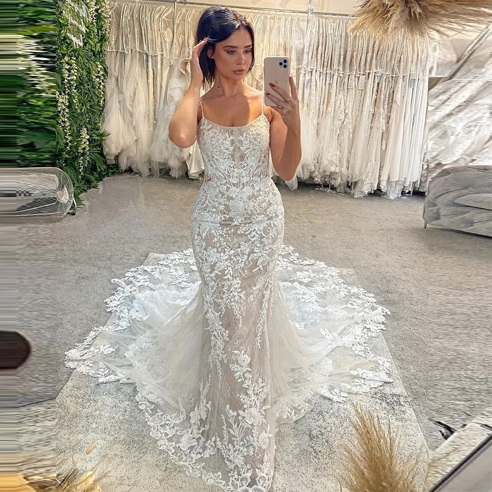 

Sevintage Lace Appliques Mermaid Wedding Dresses Spaghetti Strap Backless Bridal Gowns Sleeveless Vintage Country Wedding Gown