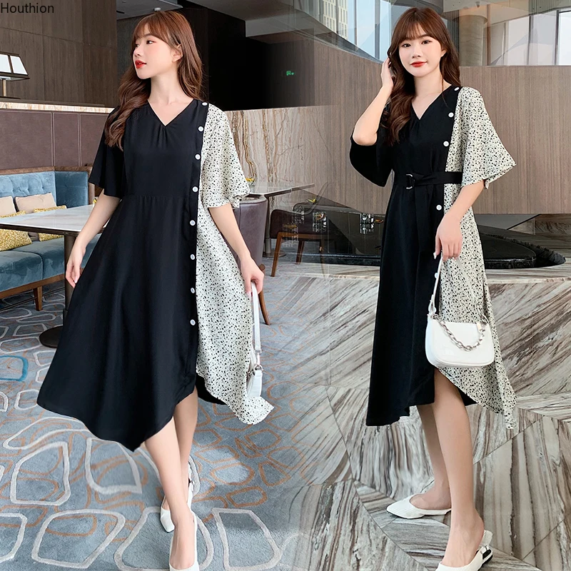 

Women's Dresses Loose Plus Size Stitching Dresse Fashion Summer Lady Knee-Length Button V-neck A-LINE Houthion