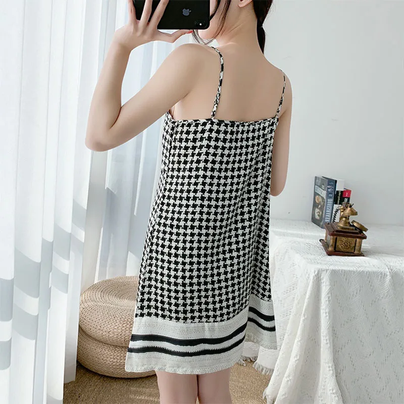 YFTNH Women Night Dress Summer Plaid Sleeveless Sleepwear Suspender Skirt Nightgown Mini Dresses Fashion Ladies Homewear