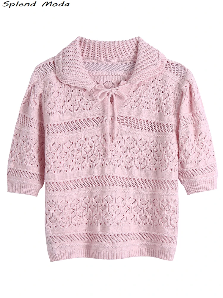 

Женский однотонный жаккардовый пуловер Splend Moda 2022 ZA, короткий вязаный свитер, Молодежные ажурные укороченные топы